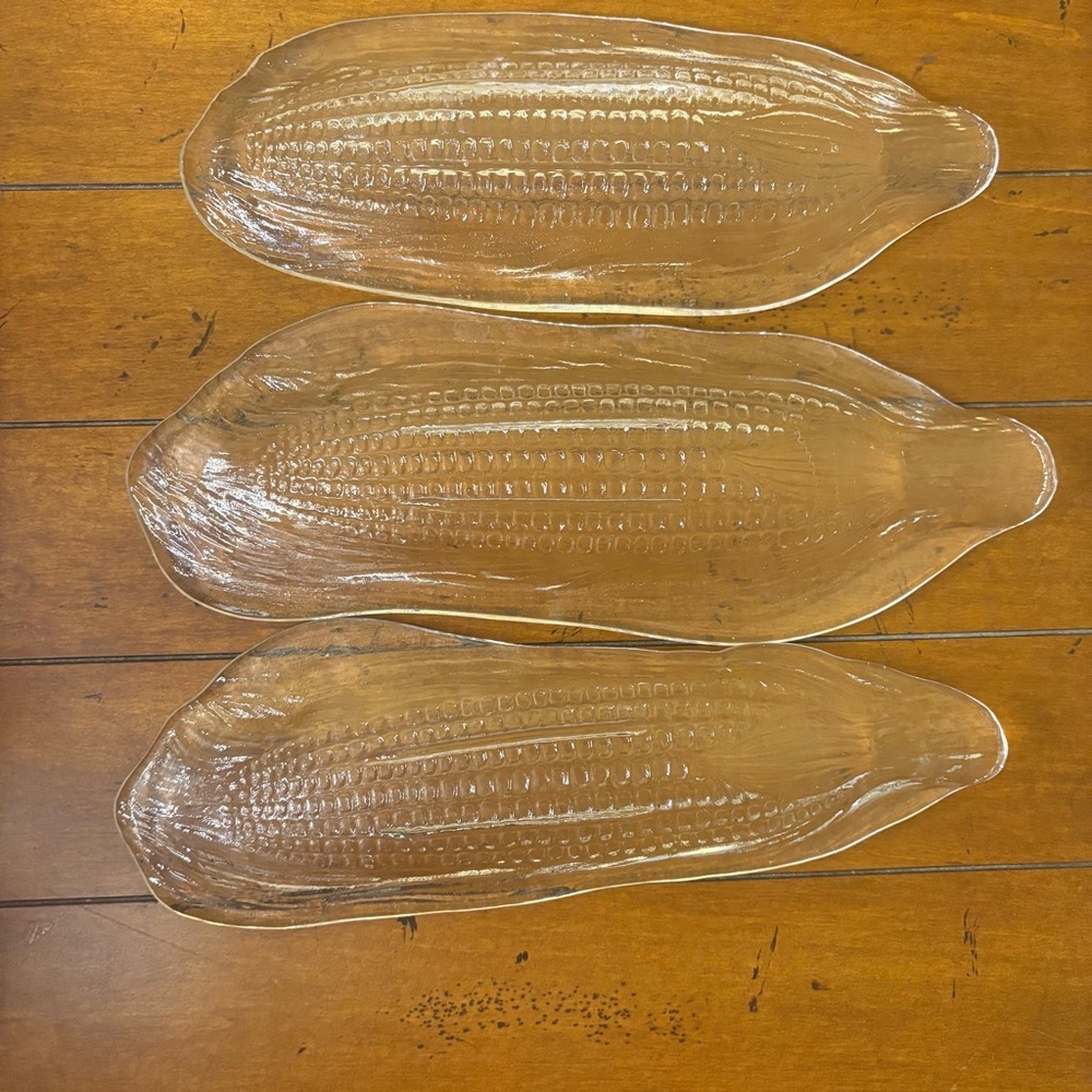 Vintage Glass Corn on the Cob Dishes Set of 3 Textured Clear Retro Grandmacore